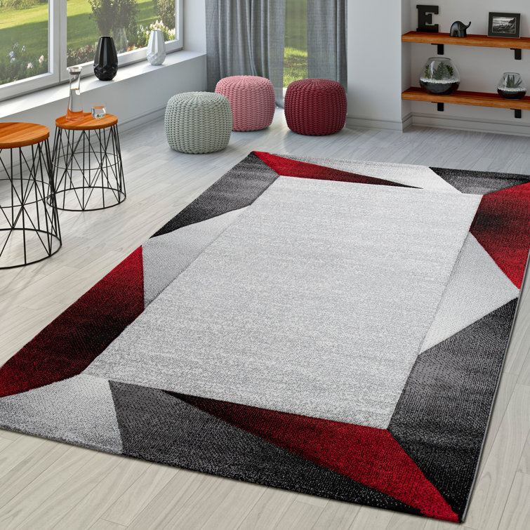 Red and Gray Geometric Pattern Synthetic Area Rug