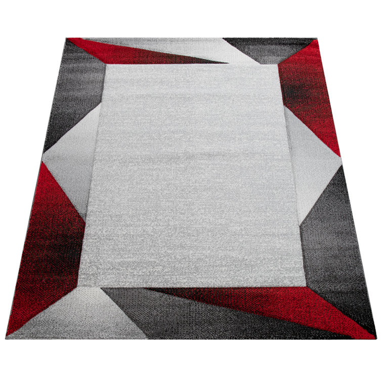 Red and Gray Geometric Pattern Synthetic Area Rug