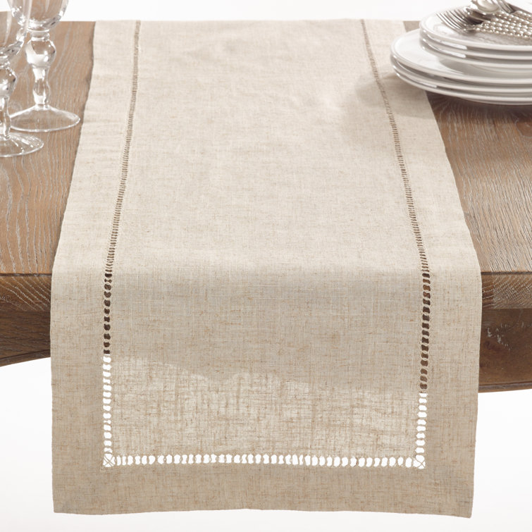 Beige Poly-Linen Hemstitched Table Runner