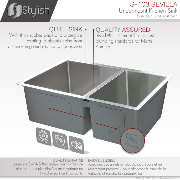 Stylish 28" Stainless Steel Double Bowl Undermount Kitchen Sink