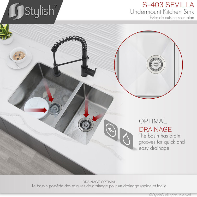Stylish 28" Stainless Steel Double Bowl Undermount Kitchen Sink