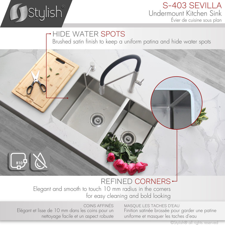 Stylish 28" Stainless Steel Double Bowl Undermount Kitchen Sink