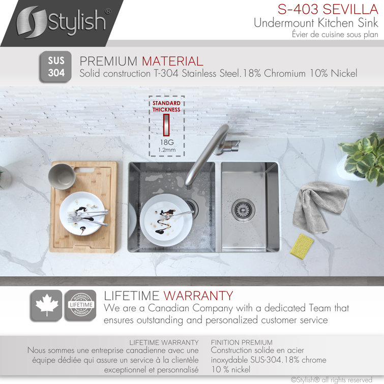 Stylish 28" Stainless Steel Double Bowl Undermount Kitchen Sink