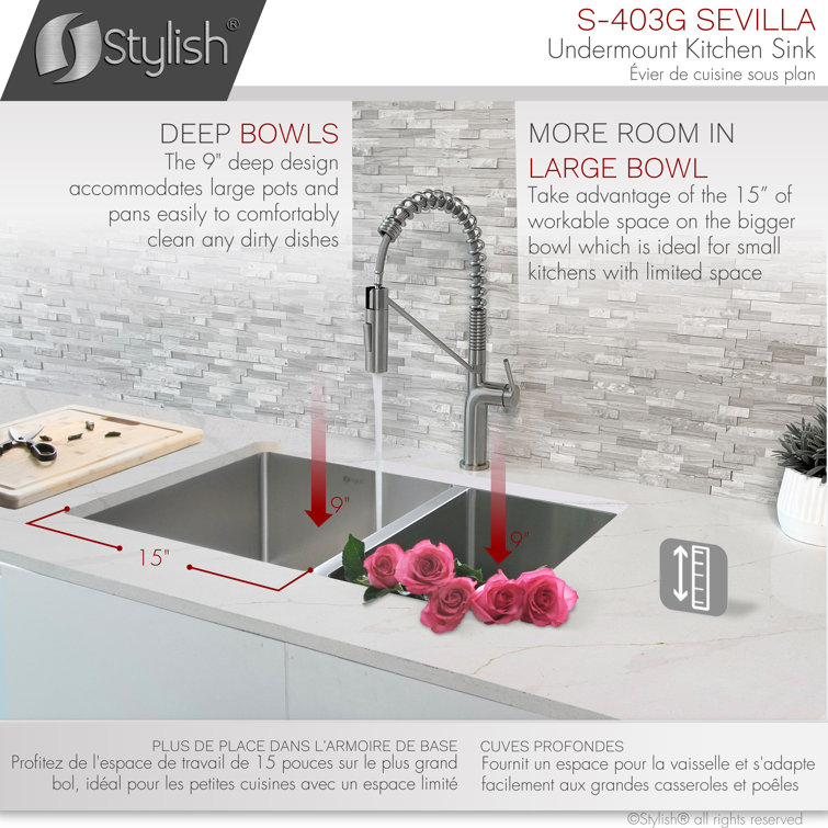 Stylish 28" Stainless Steel Double Bowl Undermount Kitchen Sink