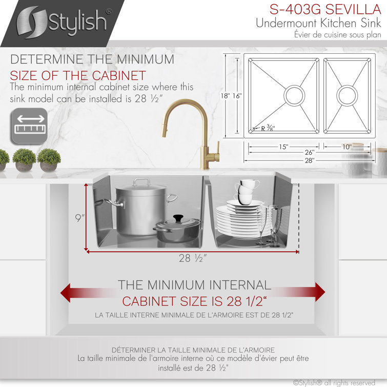 Stylish 28" Stainless Steel Double Bowl Undermount Kitchen Sink