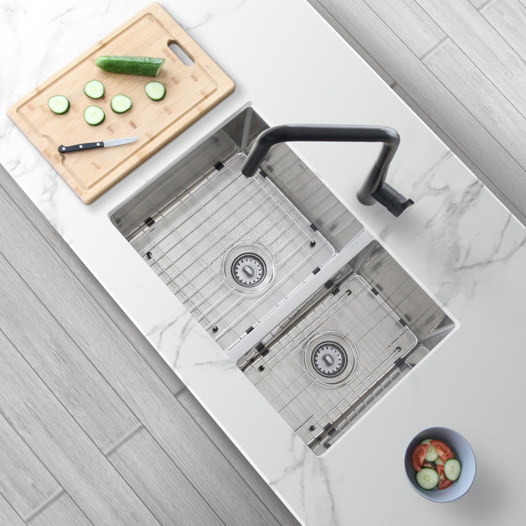 Stylish 28" Stainless Steel Double Bowl Undermount Kitchen Sink