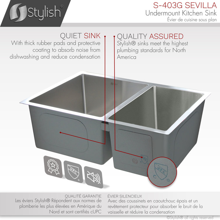 Stylish 28" Stainless Steel Double Bowl Undermount Kitchen Sink