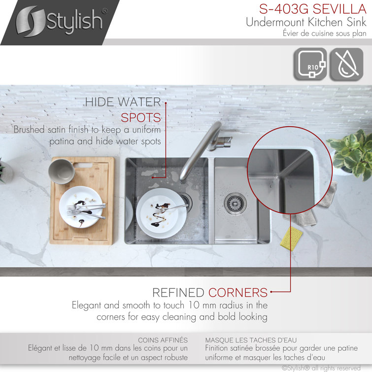 Stylish 28" Stainless Steel Double Bowl Undermount Kitchen Sink