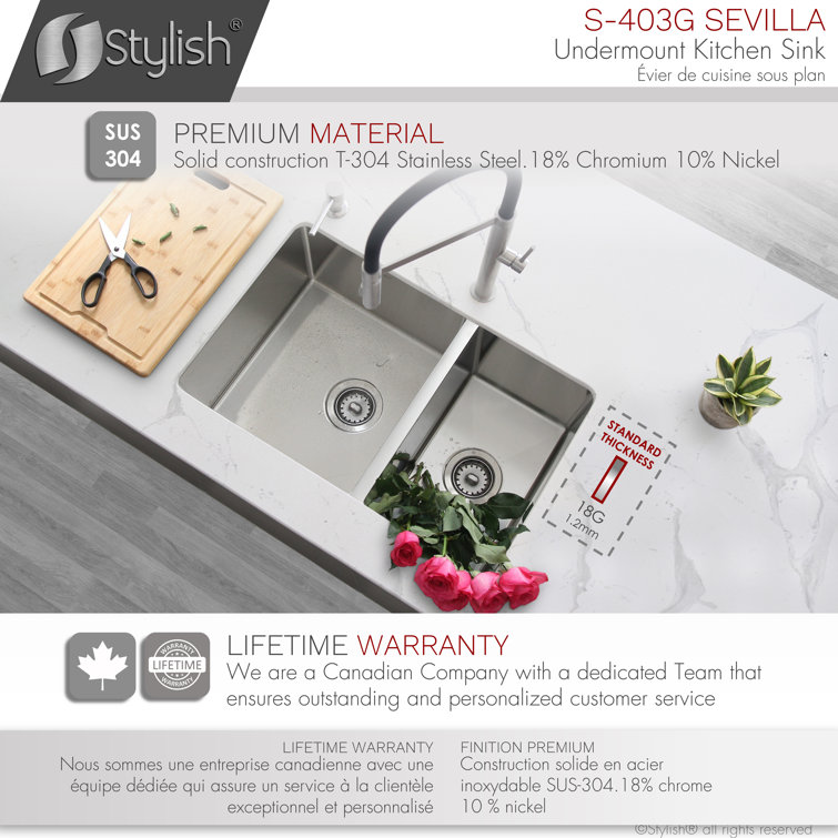 Stylish 28" Stainless Steel Double Bowl Undermount Kitchen Sink