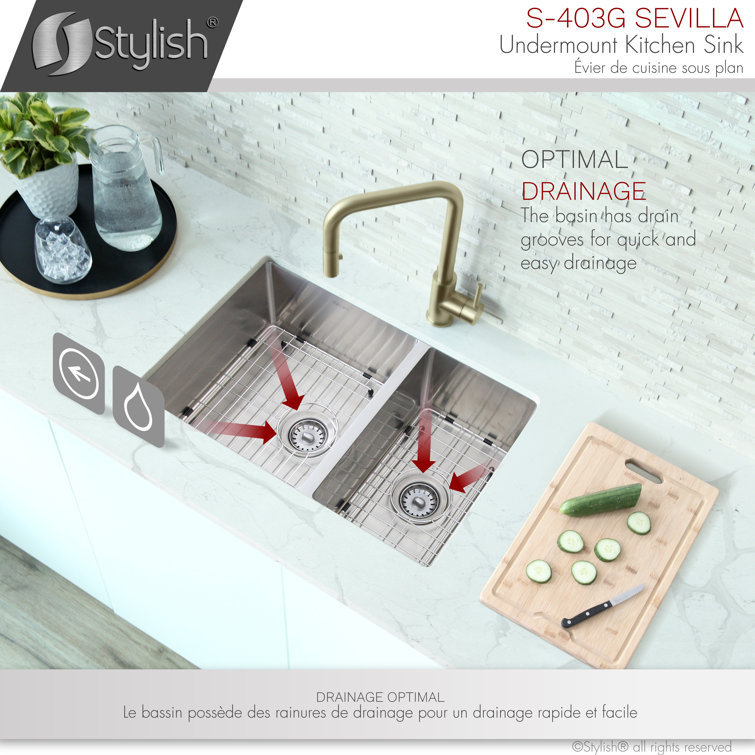 Stylish 28" Stainless Steel Double Bowl Undermount Kitchen Sink