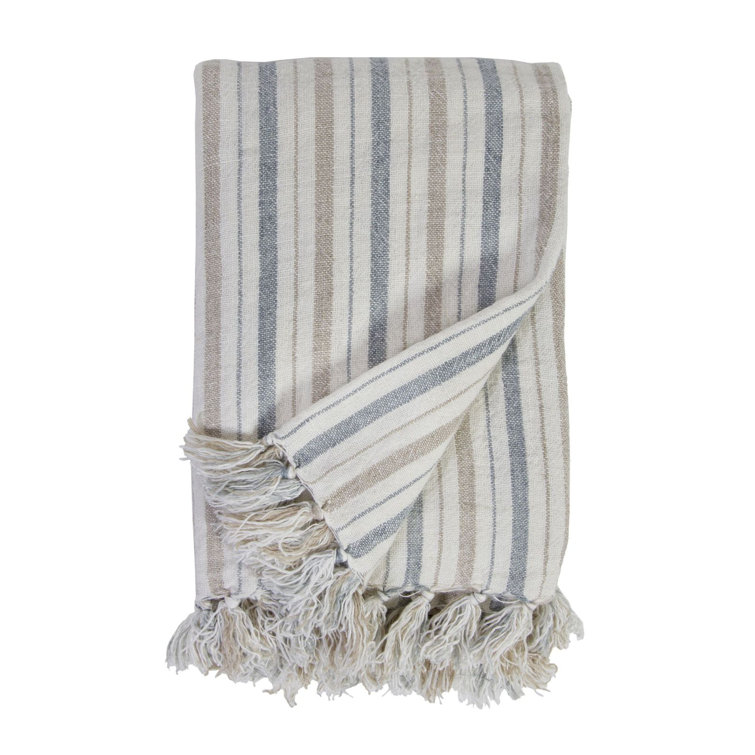 Naples Ocean Blue and Taupe Striped Linen Queen Throw with Tassels