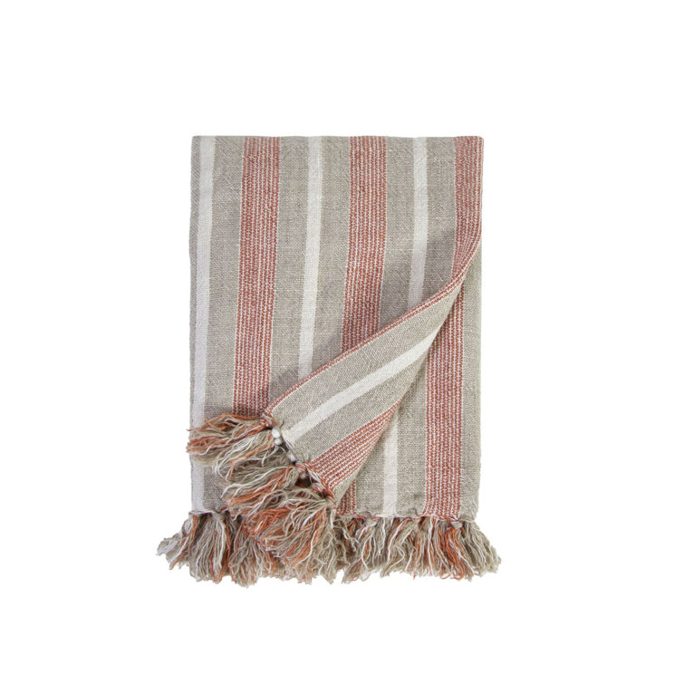 Montecito Terra Cotta and Natural Striped 100% Linen Oversized Throw with Tassels