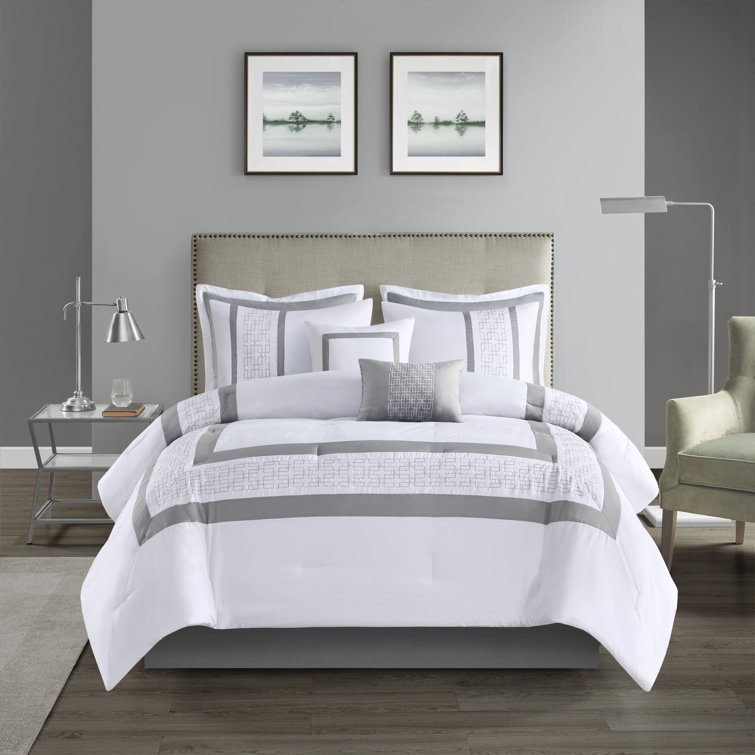 King White Microfiber Geometric Embroidered Comforter Set