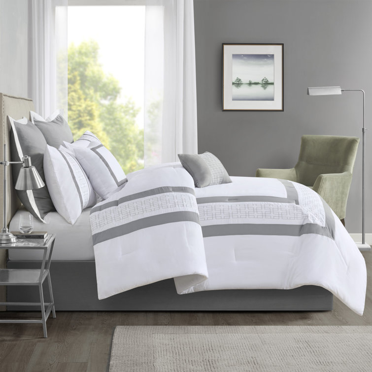 King White Microfiber Geometric Embroidered Comforter Set