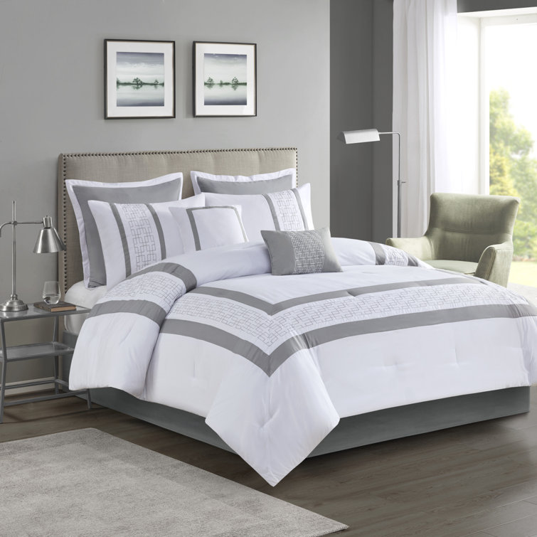 King White Microfiber Geometric Embroidered Comforter Set