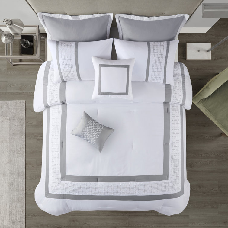King White Microfiber Geometric Embroidered Comforter Set