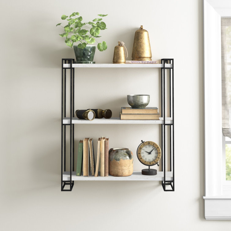 Rustic Coastal Black Metal and Wood Floating Wall Shelf
