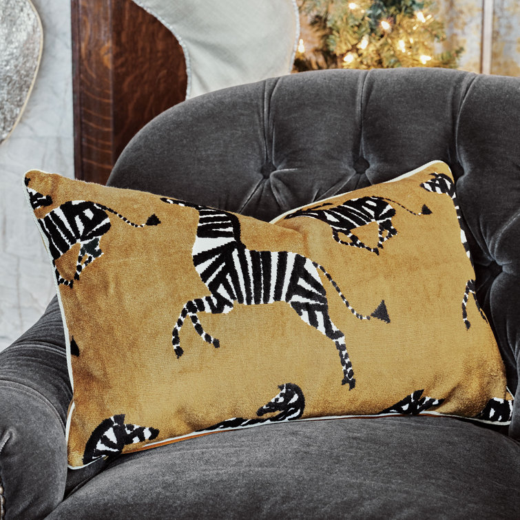 Gold Velvet Lumbar Pillow with Zebra Design