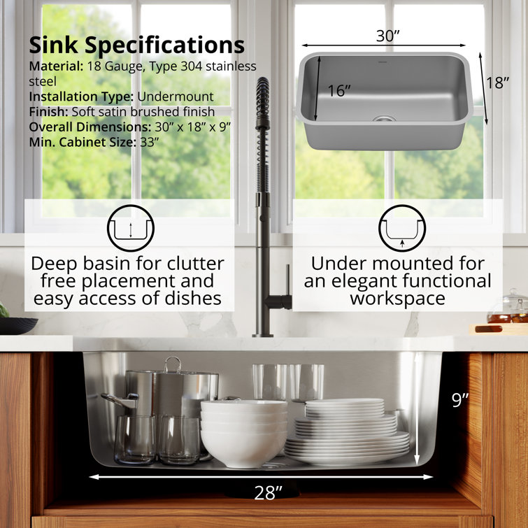 Karran 30'' Stainless Steel Single Bowl Undermount Kitchen Sink