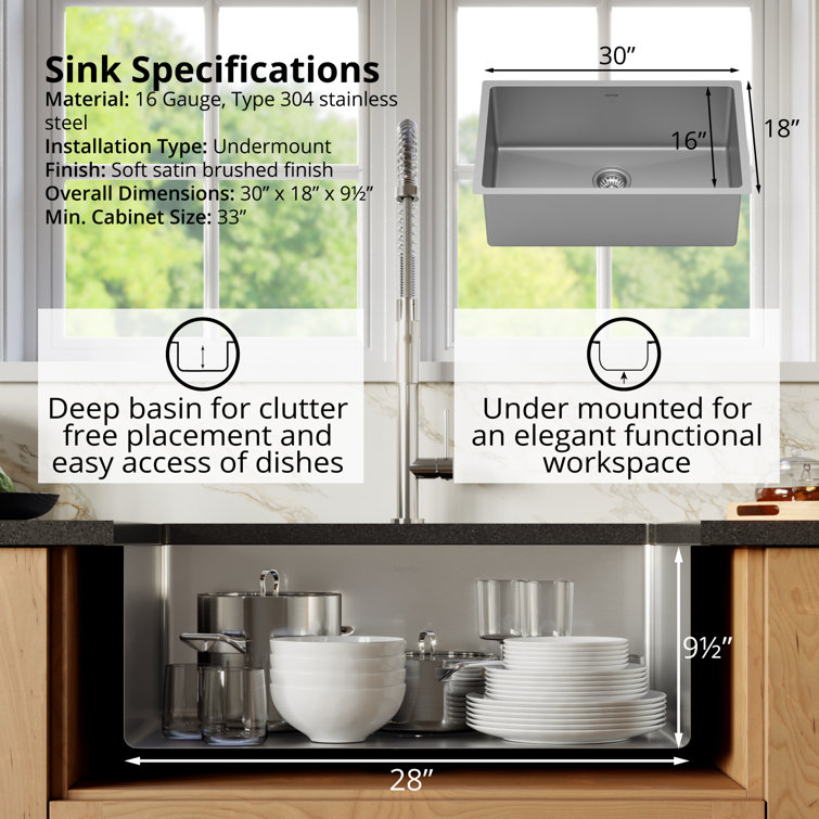 Karran 30'' Satin Brushed Stainless Steel Single Bowl Undermount Kitchen Sink