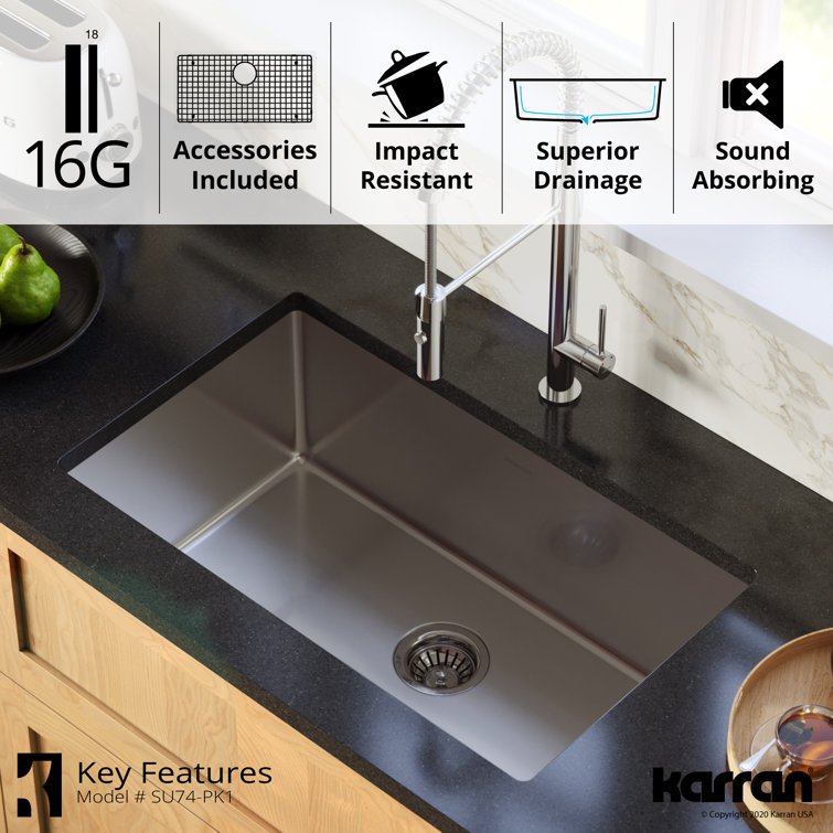 Karran 30'' Satin Brushed Stainless Steel Single Bowl Undermount Kitchen Sink