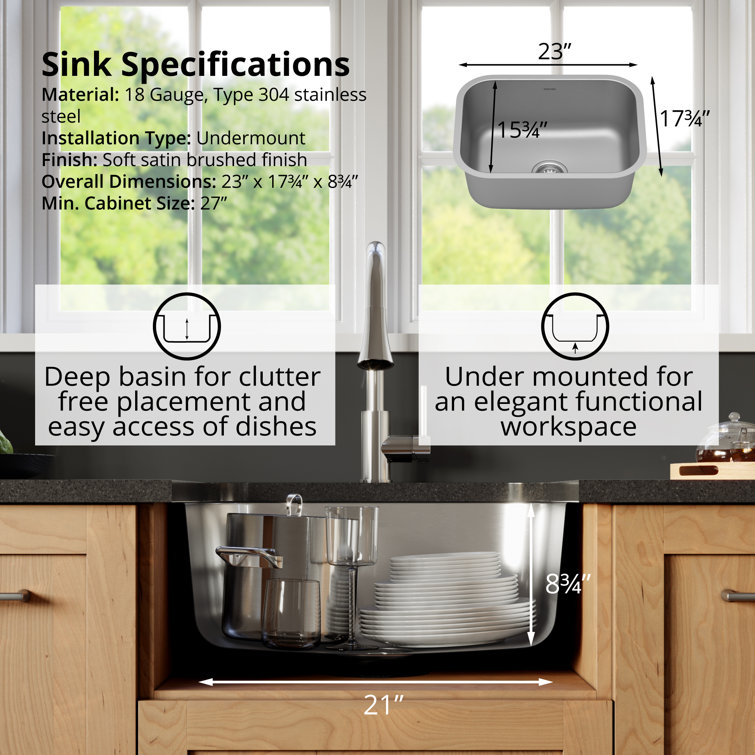 23'' Satin Brushed Stainless Steel Single Bowl Undermount Sink Kit