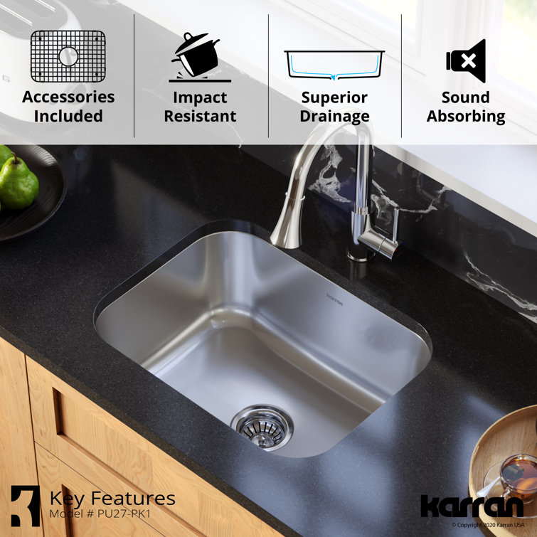 23'' Satin Brushed Stainless Steel Single Bowl Undermount Sink Kit