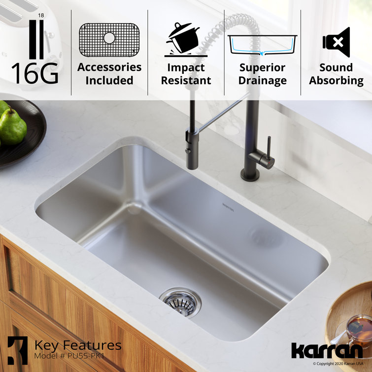 Karran 30'' Satin Brushed Stainless Steel Single Bowl Undermount Kitchen Sink