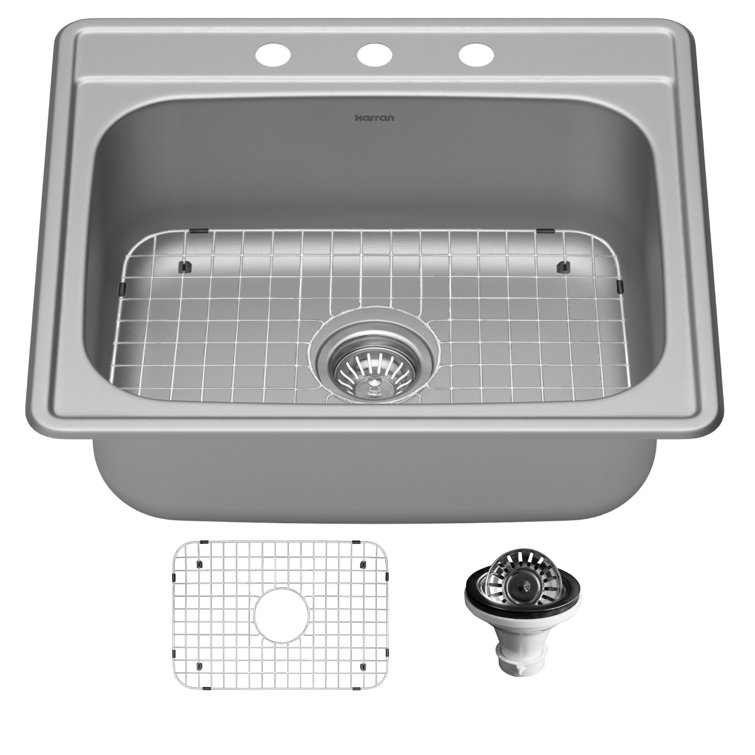 Karran 25" Satin Brushed Stainless Steel Single Bowl Kitchen Sink Kit