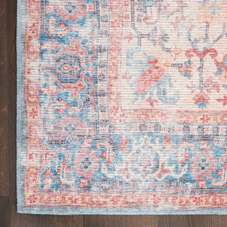 Machine Washable Blue and Multicolor Floral Runner Rug