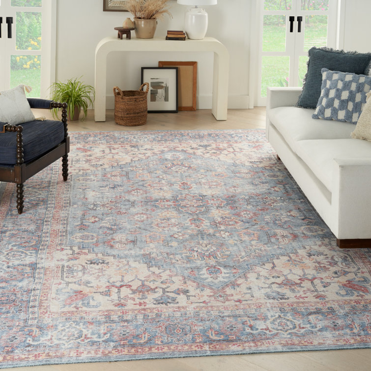 Machine Washable Blue and Red Oriental Area Rug