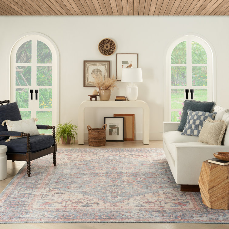 Machine Washable Blue and Red Oriental Area Rug