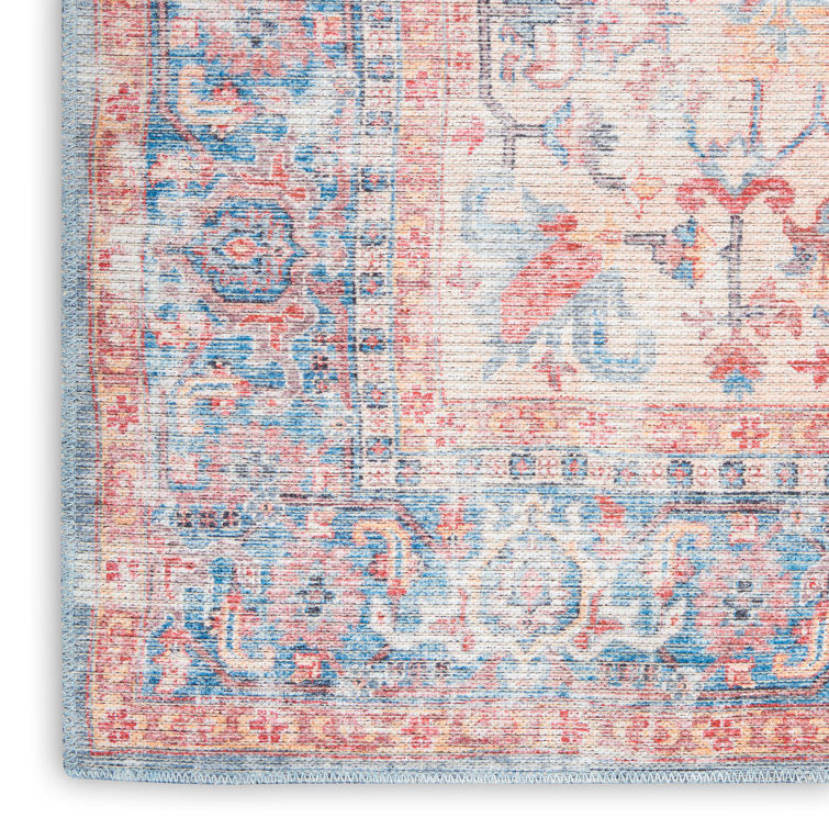 Machine Washable Blue and Multicolor Floral Runner Rug