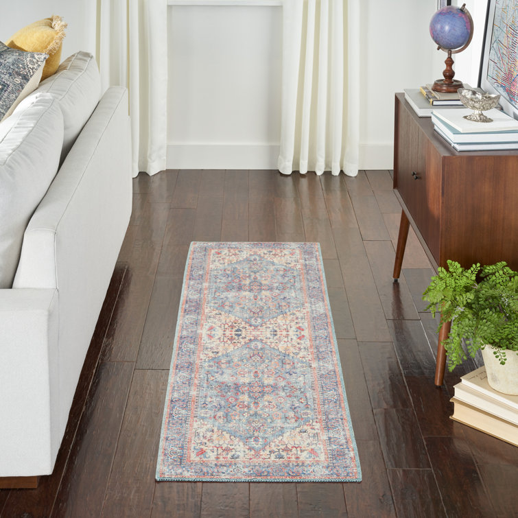 Machine Washable Blue and Multicolor Floral Runner Rug