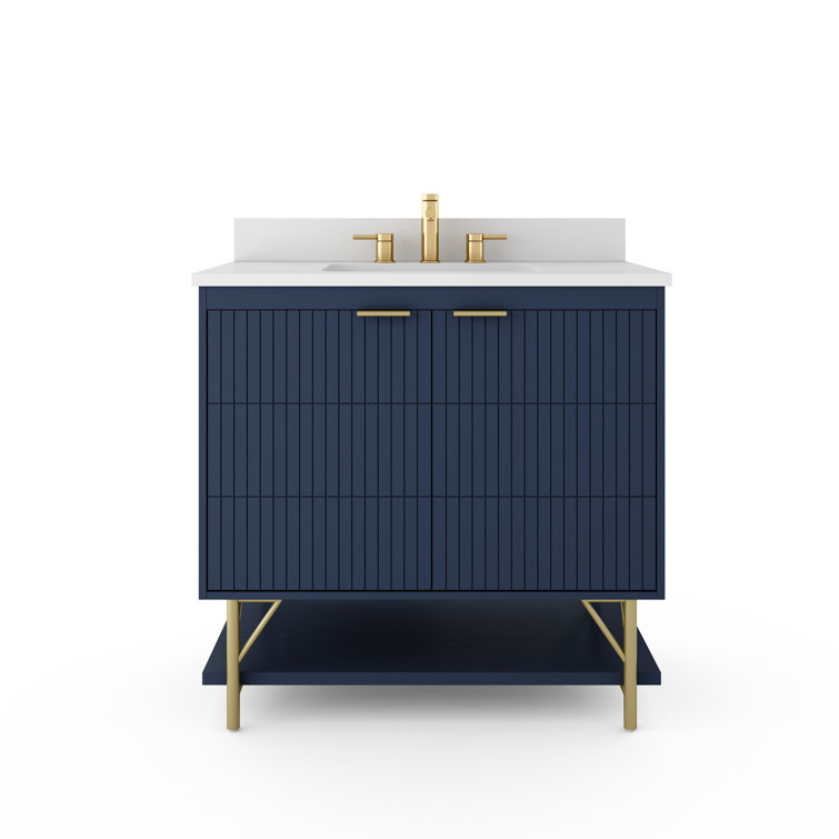 Navy Blue 36-Inch Single Bathroom Vanity with Quartz Top and Gold Legs