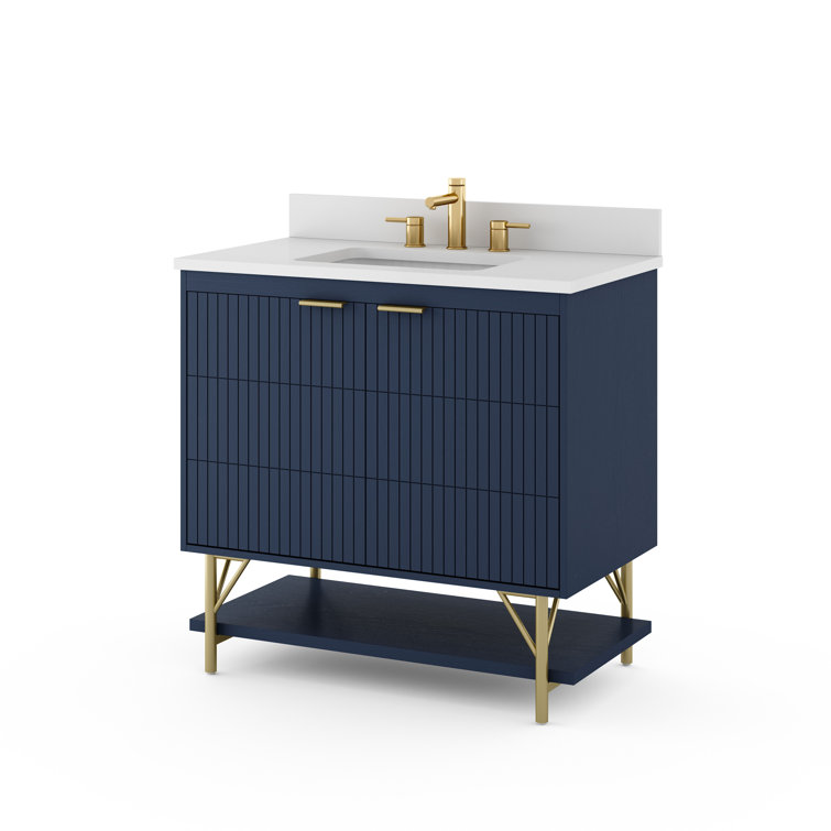 Navy Blue 36-Inch Single Bathroom Vanity with Quartz Top and Gold Legs