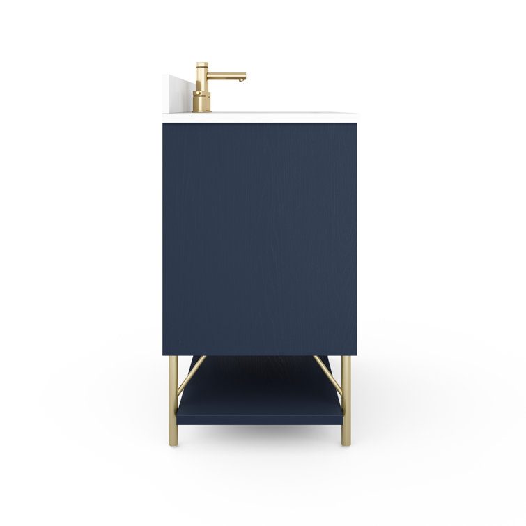 Navy Blue 36-Inch Single Bathroom Vanity with Quartz Top and Gold Legs