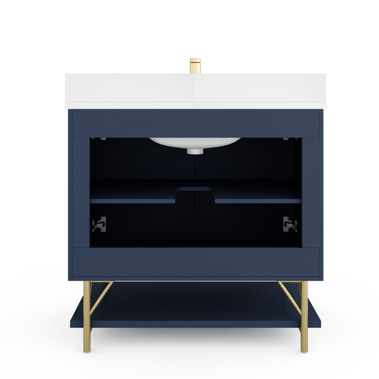 Navy Blue 36-Inch Single Bathroom Vanity with Quartz Top and Gold Legs