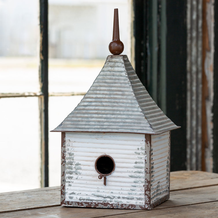 Distressed White Iron Steeple Top Birdhouse