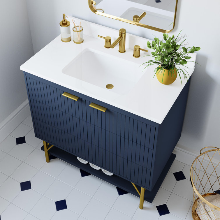 Navy Blue 36-Inch Single Bathroom Vanity with Quartz Top and Gold Legs