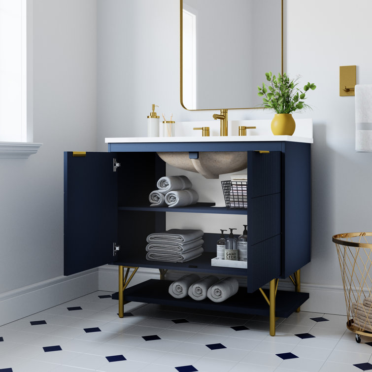 Navy Blue 36-Inch Single Bathroom Vanity with Quartz Top and Gold Legs