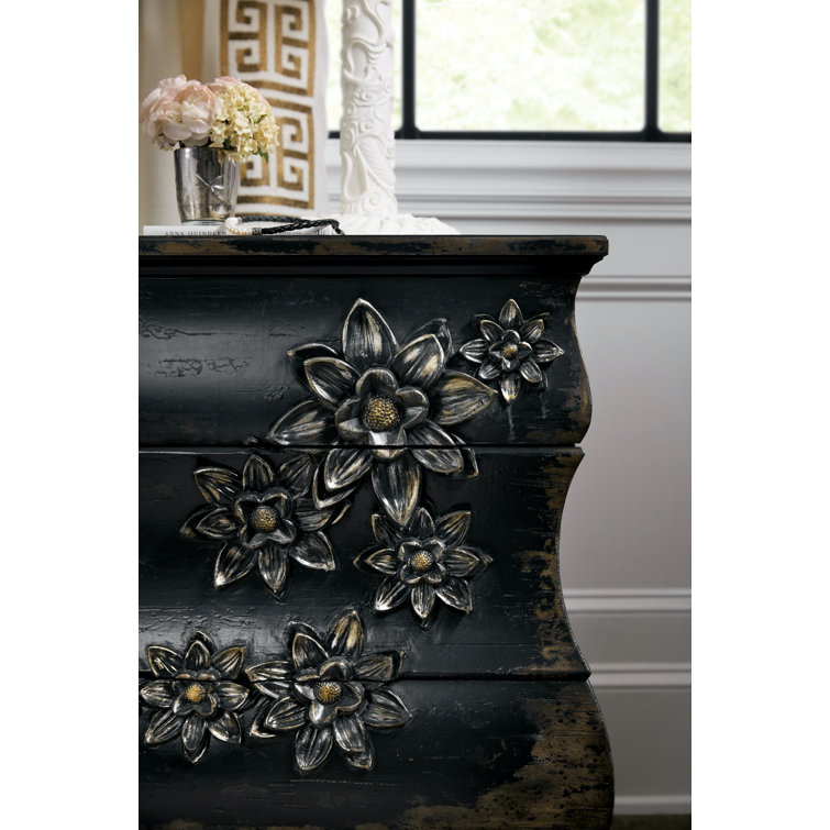 Black Distressed Three-Drawer Chest with Floral Accents