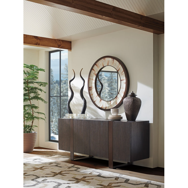 Park City 42" Cream/Brown Leather & Wood Round Wall Mirror