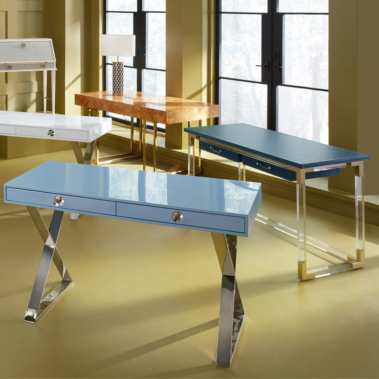 Bond Executive White Burled Mappa Desk with Polished Brass Base