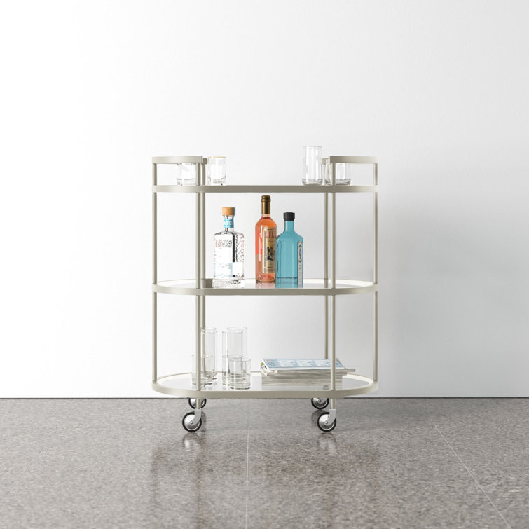 Evelyn&Zoe Satin Nickel Oval Bar Cart with Tempered Glass Shelves