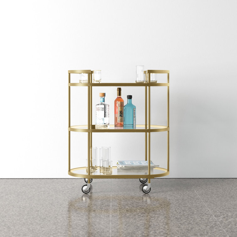 Evelyn Oval Brass Bar Cart with Tempered Glass Shelves