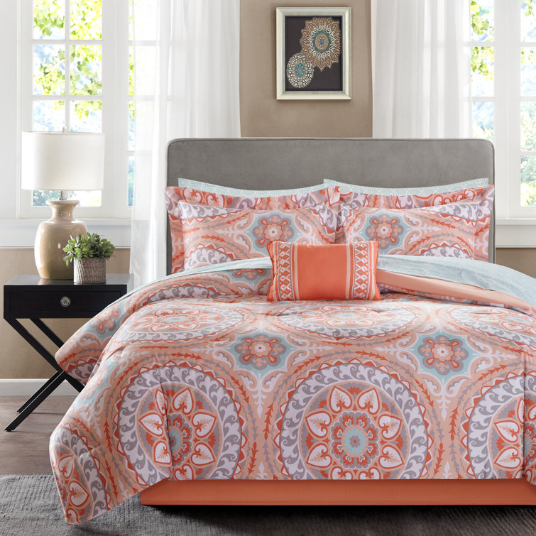 Coral and Gray Bohemian Queen Microfiber Comforter Set