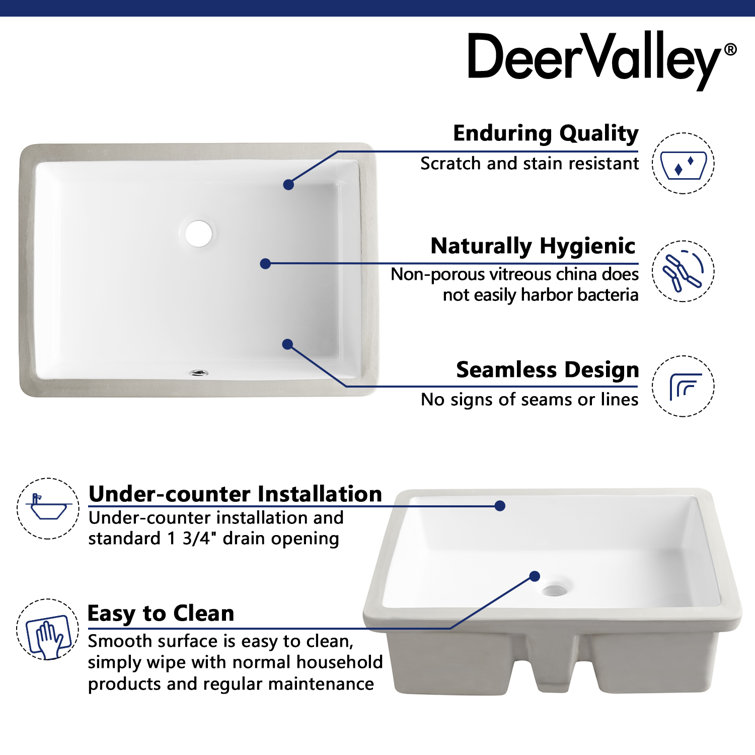 DeerValley 22" White Ceramic Rectangular Undermount Bathroom Sink