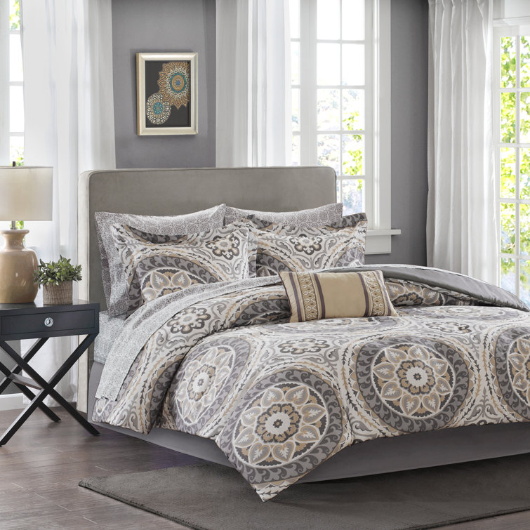Taupe Twin Microfiber 7-Piece Comforter Set with Medallion Pattern