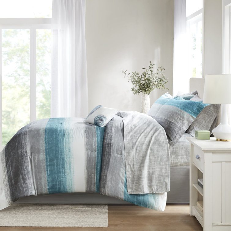 Aqua and Gray Twin Microfiber 7-Piece Reversible Bed Set
